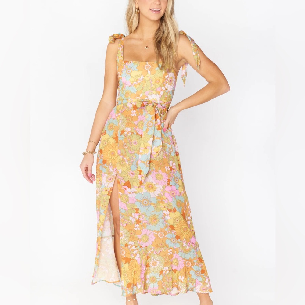 Show Me Your MuMu Yellow Floral Midi Dress with Pastel Accents